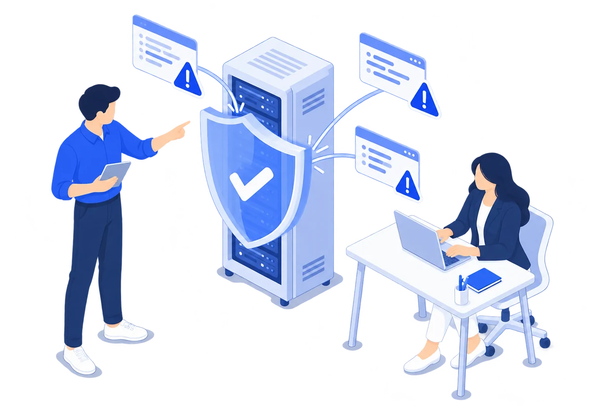 サーバーを守るセキュリティエンジニアのイラスト